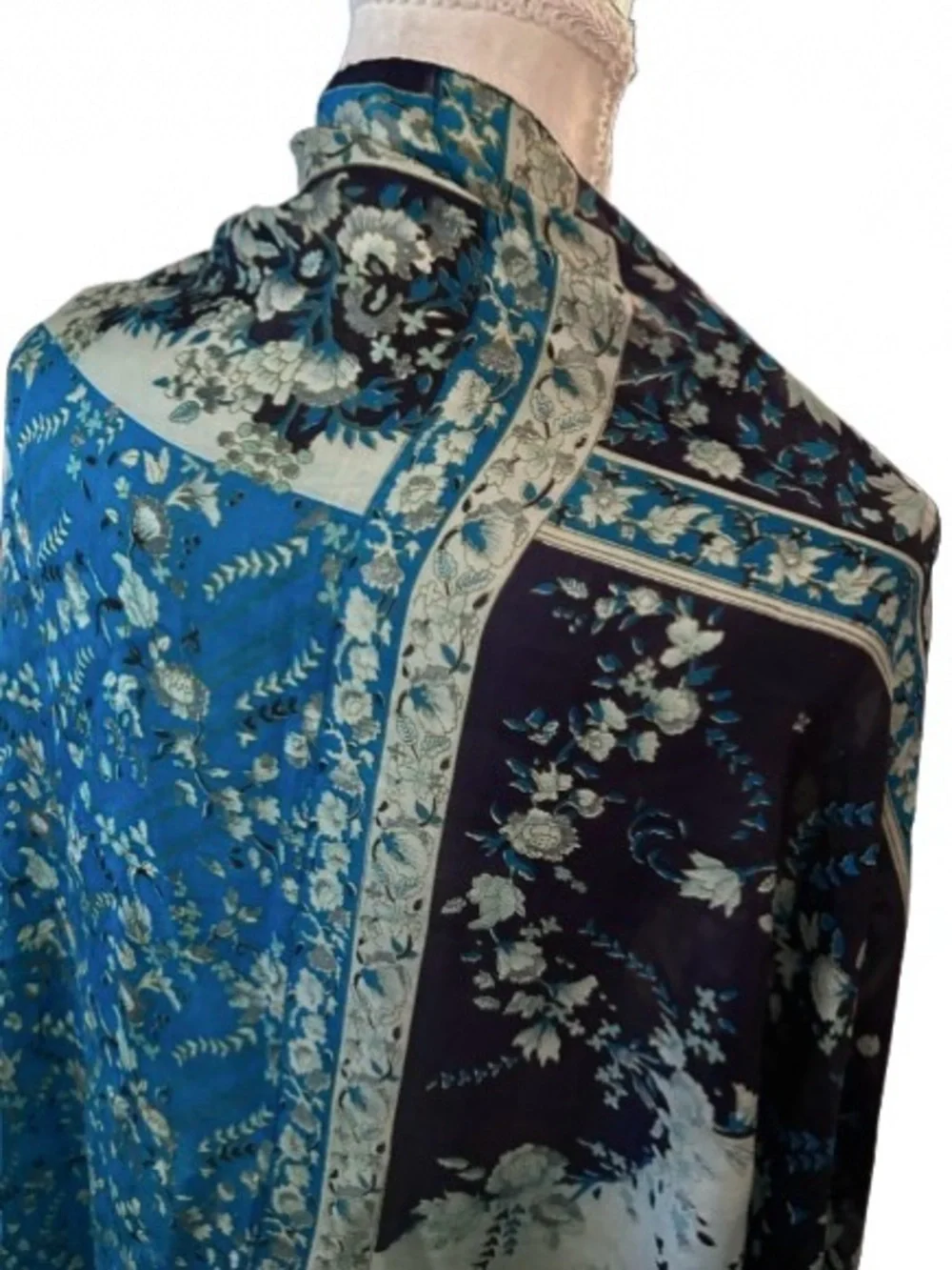 Lovely Large 100% Silk Floral Turquoise Aqua India Scarf Wrap Lightweight Boho